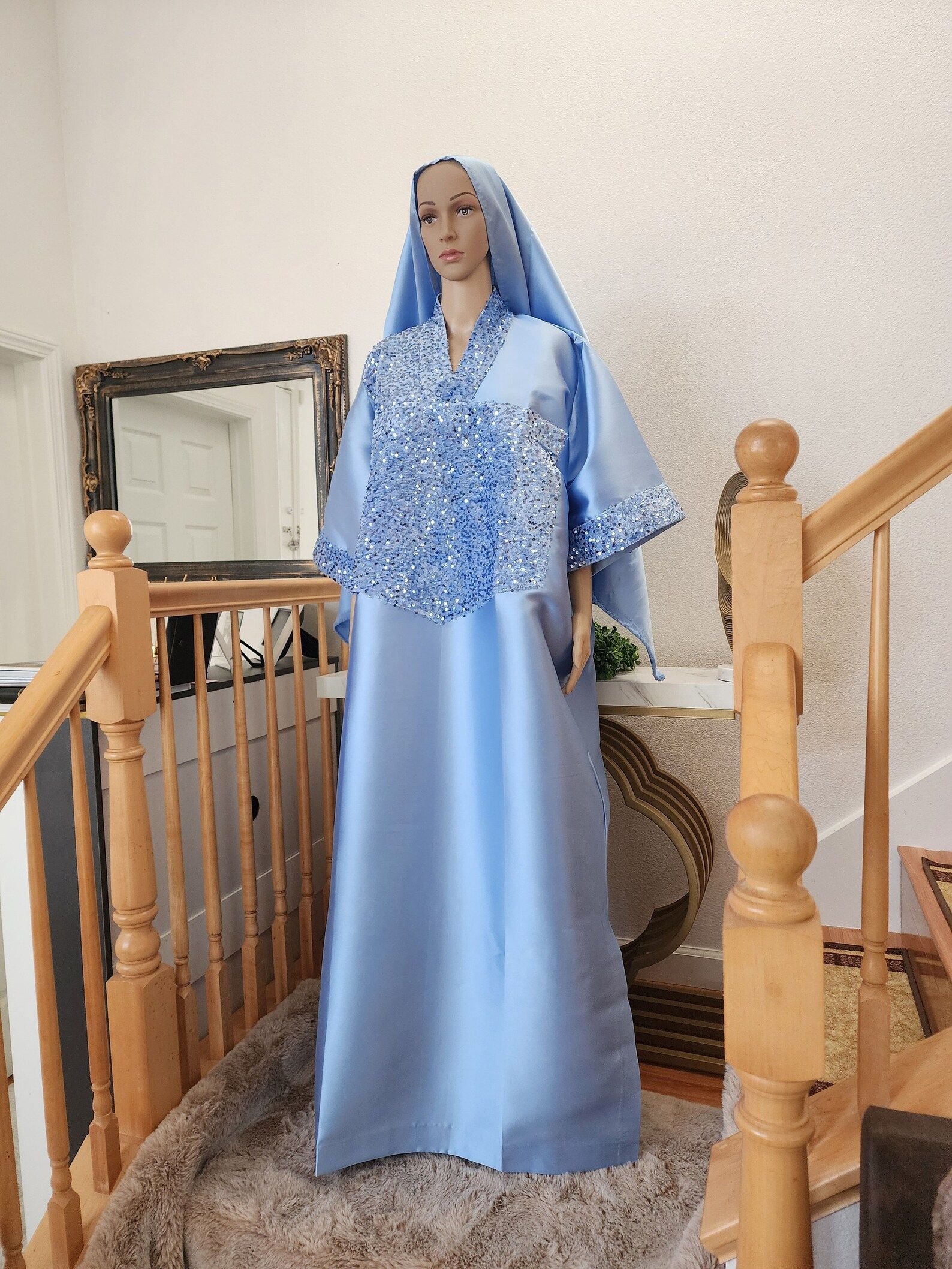 Luxury Embellished Blue Satin Gown