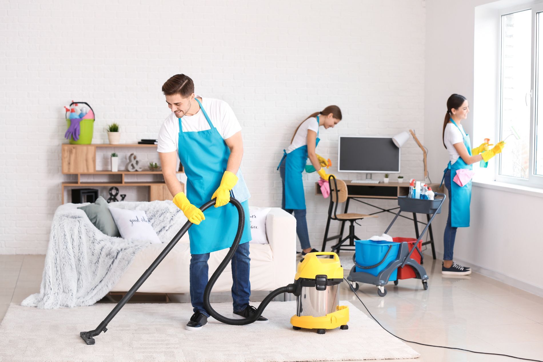 Vacuuming and dusting an apartment