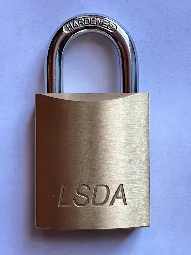 A brass-colored LSDA padlock with a silver, hardened steel shackle against a white background.