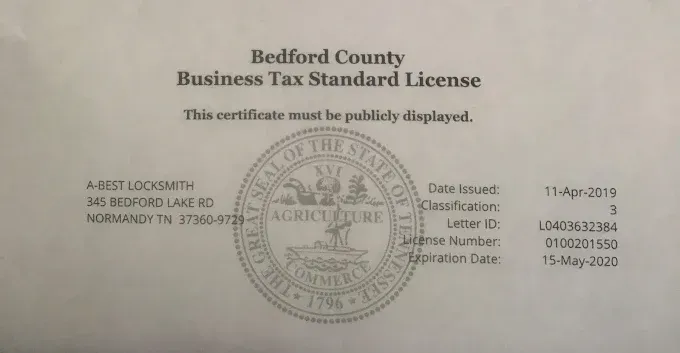A Bedford County Business Tax Standard License issued to A-Best Ederwith in Normandy, TN, dated April 11, 2019.