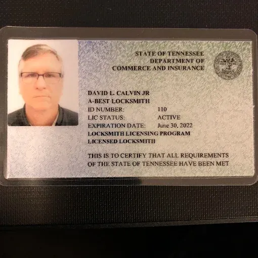 A Tennessee Department of Commerce and Insurance locksmith license for David E. Calvin Jr., ID 110, status active.