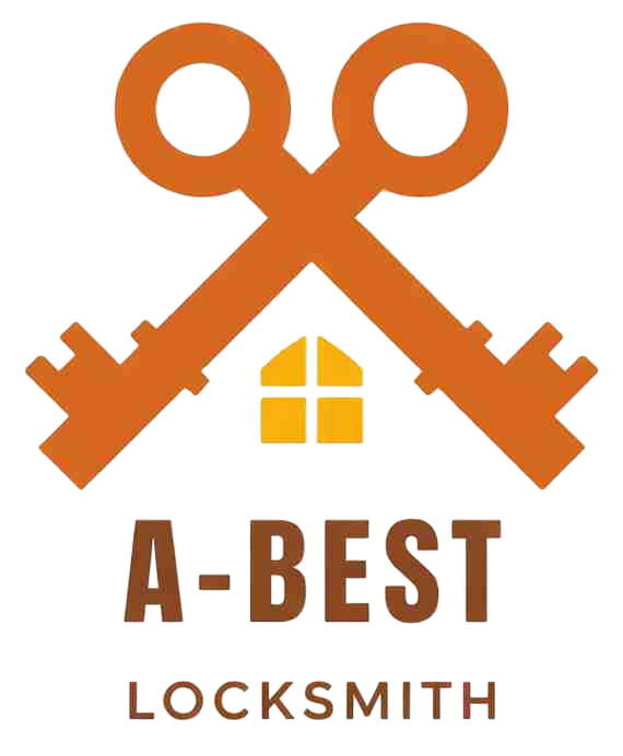 Logo for A-BEST LOCKSMITH featuring two crossed orange keys above a yellow house icon with the company name below.