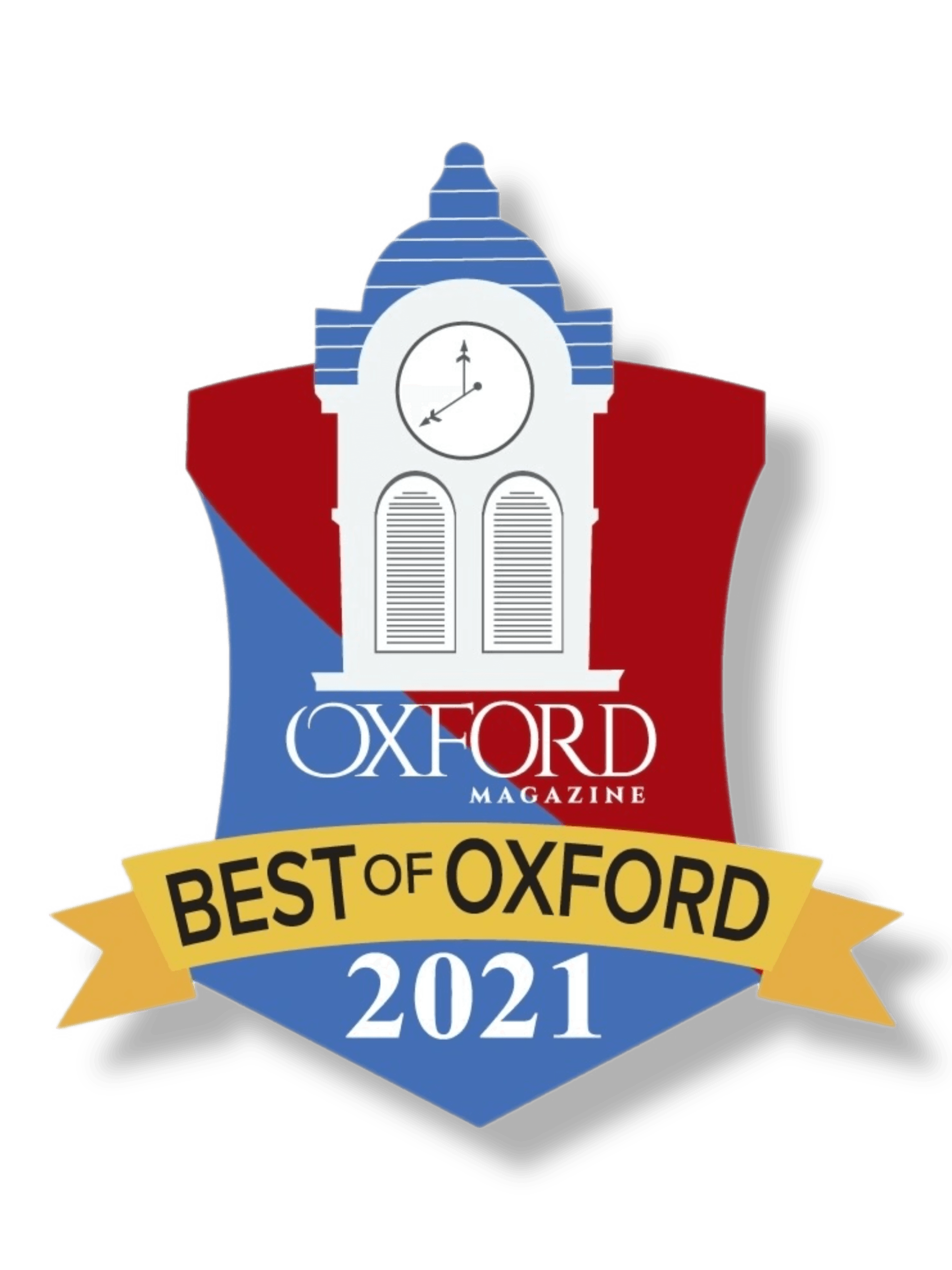 A shield-shaped logo for Oxford Magazine featuring a clock tower, the text