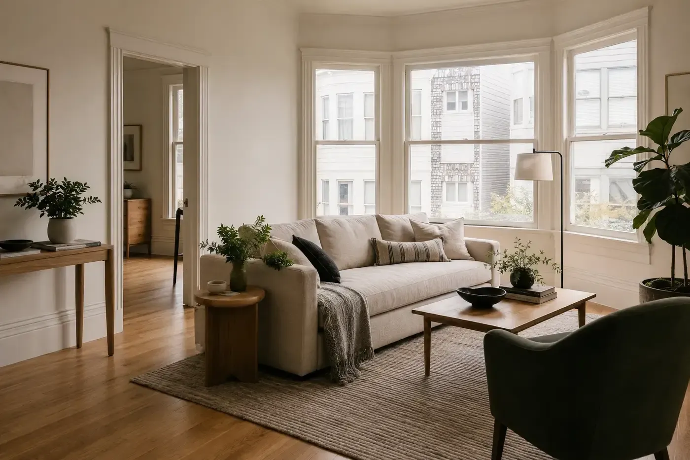 Bright furnished apartment with bay windows
