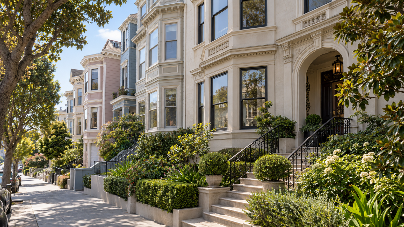 Victorian multifamily apartment buildings on a tree-lined residential street in San Francisco