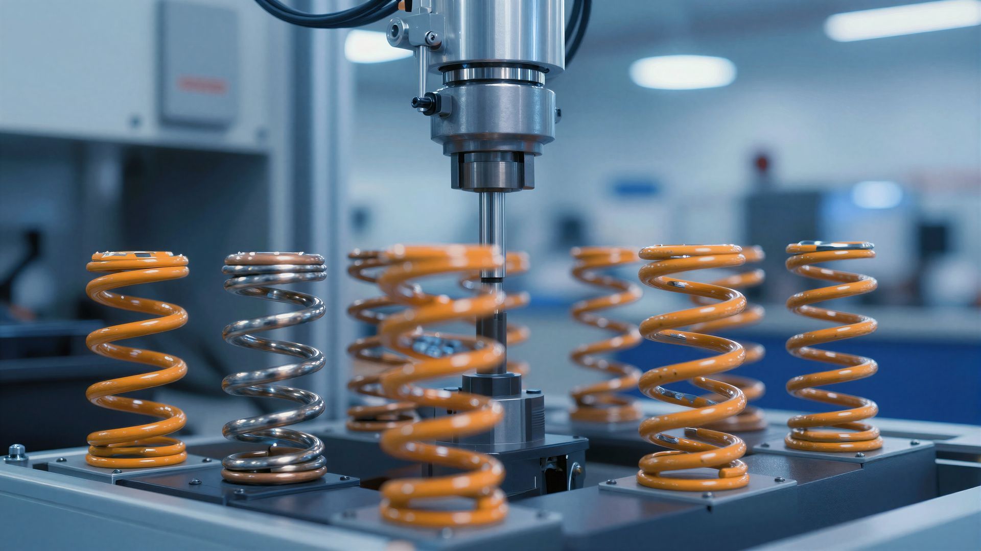 Orange and silver springs on a machine bed under a CNC milling tool in a factory