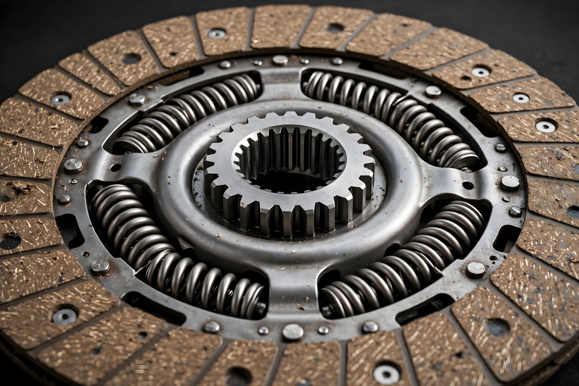 Extension springs connecting hydraulic hoses on red agricultural equipment. Close-up of a clutch disc with visible springs and a central splined hub on a black background