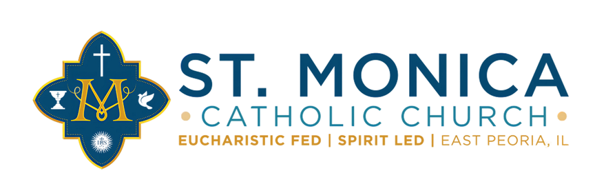 Logo of St. Monica Catholic Church in East Peoria, IL; dark blue and gold design and text.