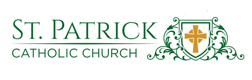 St. Patrick Catholic Church logo with green text and gold cross emblem.