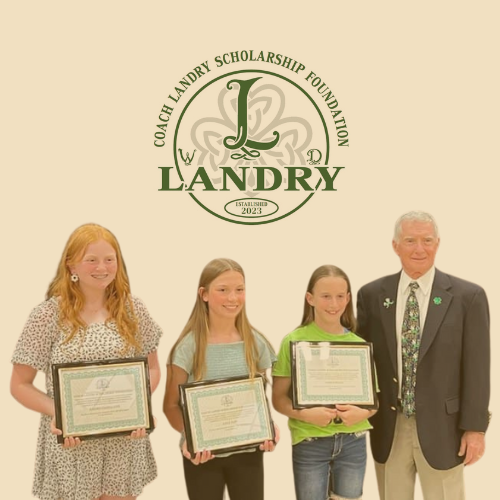 Three young women and an older man holding framed certificates in front of a Coach Landry Scholarship Foundation logo.