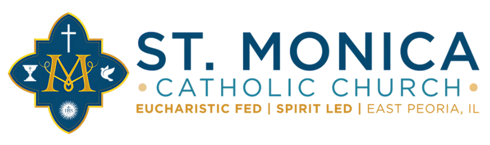 Logo for St. Monica Catholic Church with a teal and gold emblem, teal text and