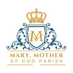 Logo for Mary, Mother of God Parish. Gold crown above a shield with a gold