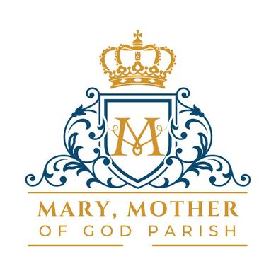 Logo for Mary, Mother of God Parish. Gold crown, shield with ornate design, gold 