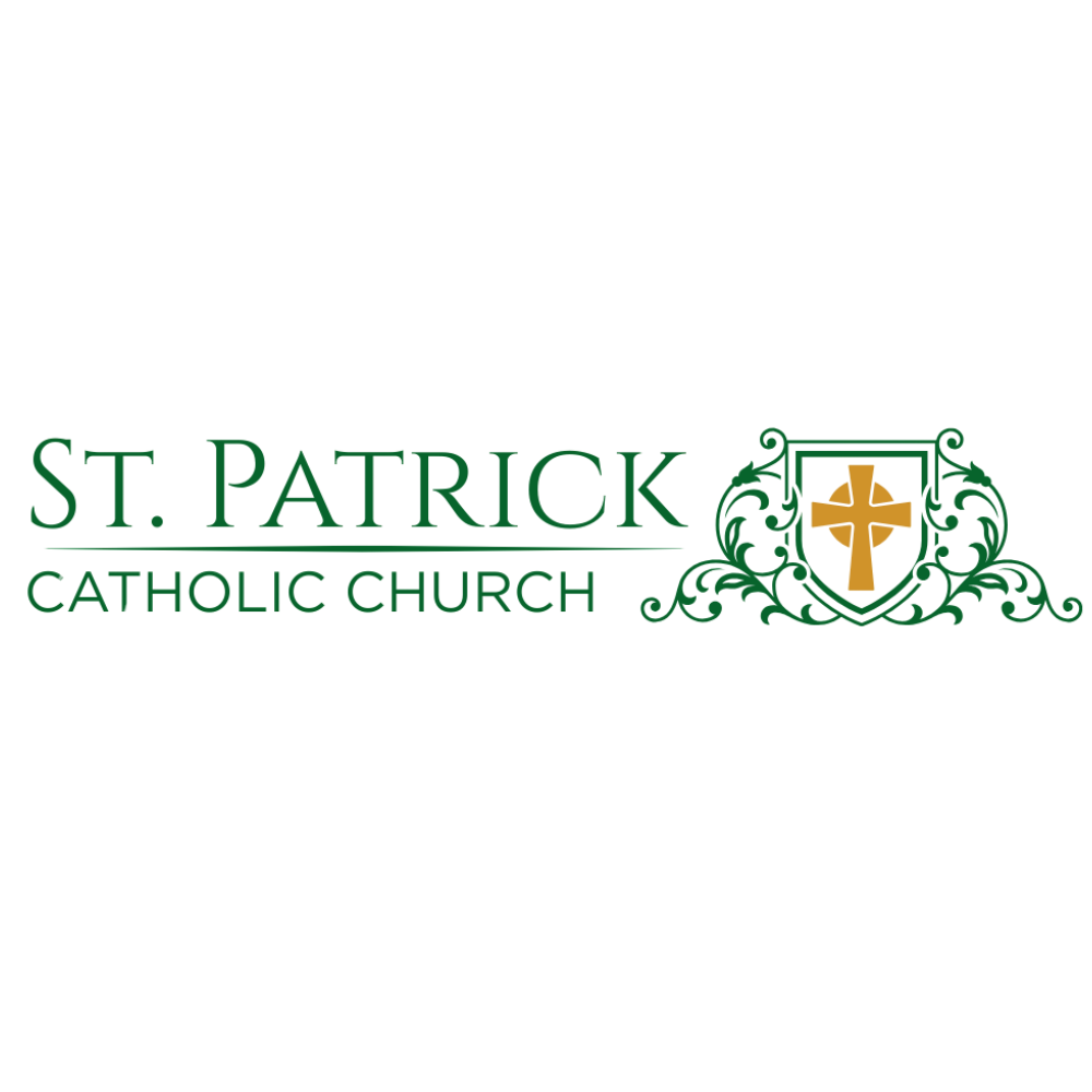 St. Patrick Catholic Church logo with green text and a gold cross on a shield, surrounded by green foliage.