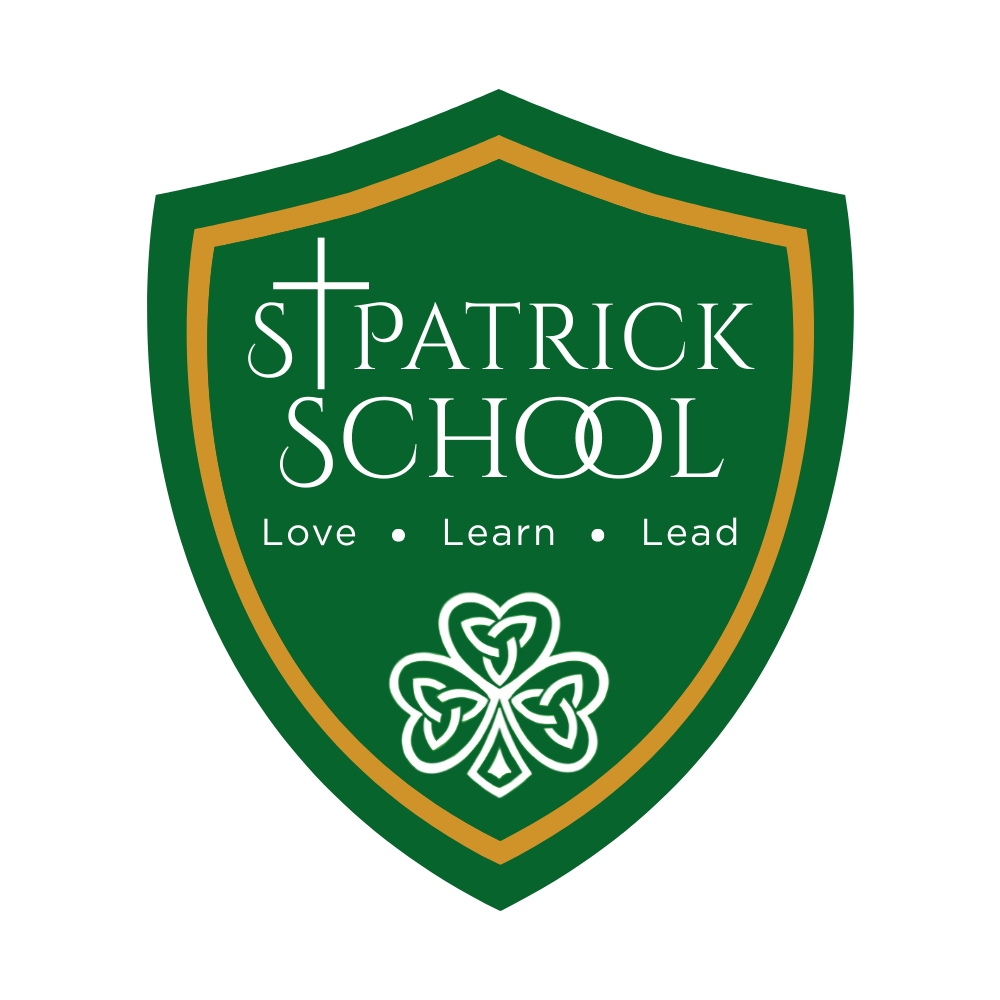 St. Patrick School crest with green shield, gold border, white text, and shamrock.
