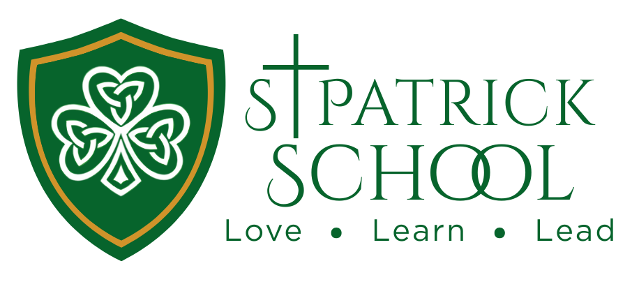 Logo of St. Patrick School featuring a shamrock, shield, cross, and the words Love, Learn, Lead.