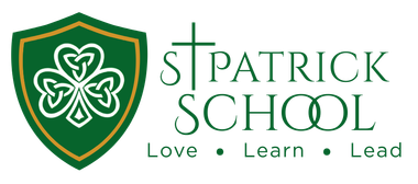 Logo for St. Patrick School: green shield with shamrock and school name; 