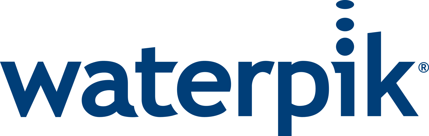 Waterpik logo with the brand name in dark blue and a stylized water drop design.