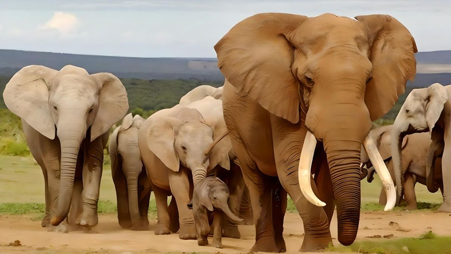 Herd of elephants walking across a dirt path; some have large tusks; small calf in the middle.
