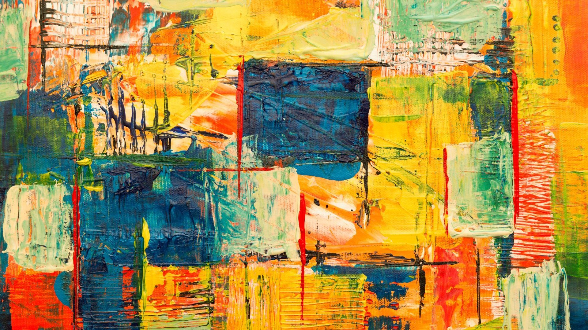 Abstract painting with colorful blocks of blue, yellow, green, and red hues.