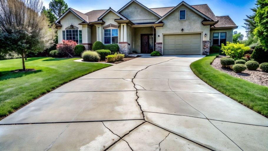 Suburban house with a cracked concrete driveway, green lawn, and a two-car garage under a blue sky