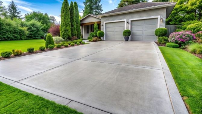 Suburban house with a wide concrete driveway, garage, and manicured green lawn.