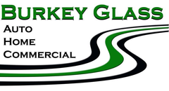 Burkey Glass logo with green and black swoosh, listing Auto, Home, and Commercial services