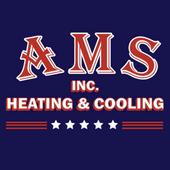 AMS Inc. Heating & Cooling logo in red and white on a dark blue background with stars.