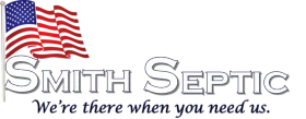 Smith Septic logo with waving American flag and slogan “We’re there when you need us.”