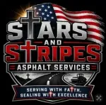 Stars and Stripes Asphalt Services logo with U.S. flag and slogan “Serving with Faith, Sealing with Excellence”