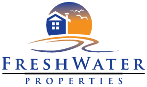 Fresh Water Properties logo with blue house icon, orange sun, and blue text