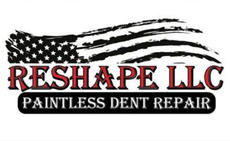 RESHAPE LLC Paintless Dent Repair logo with distressed American flag in black, red, and white