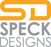 The logo for speck designs creative solutions is orange and gray.