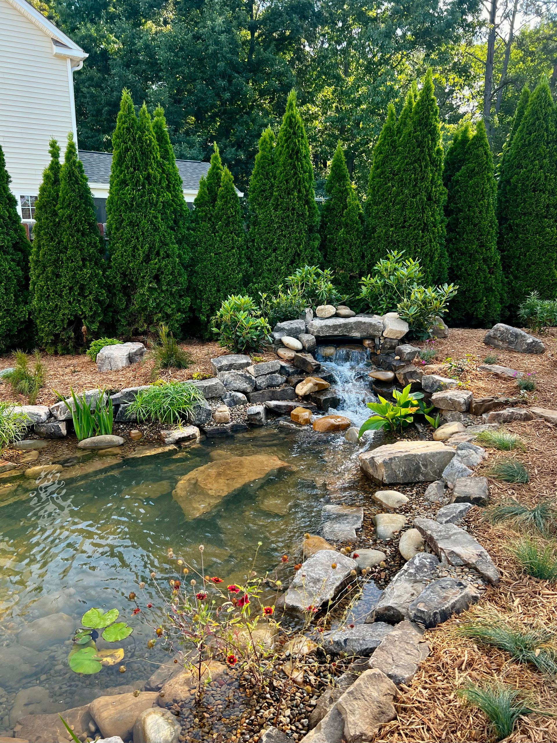 There is a pond with a waterfall in the middle of the garden.