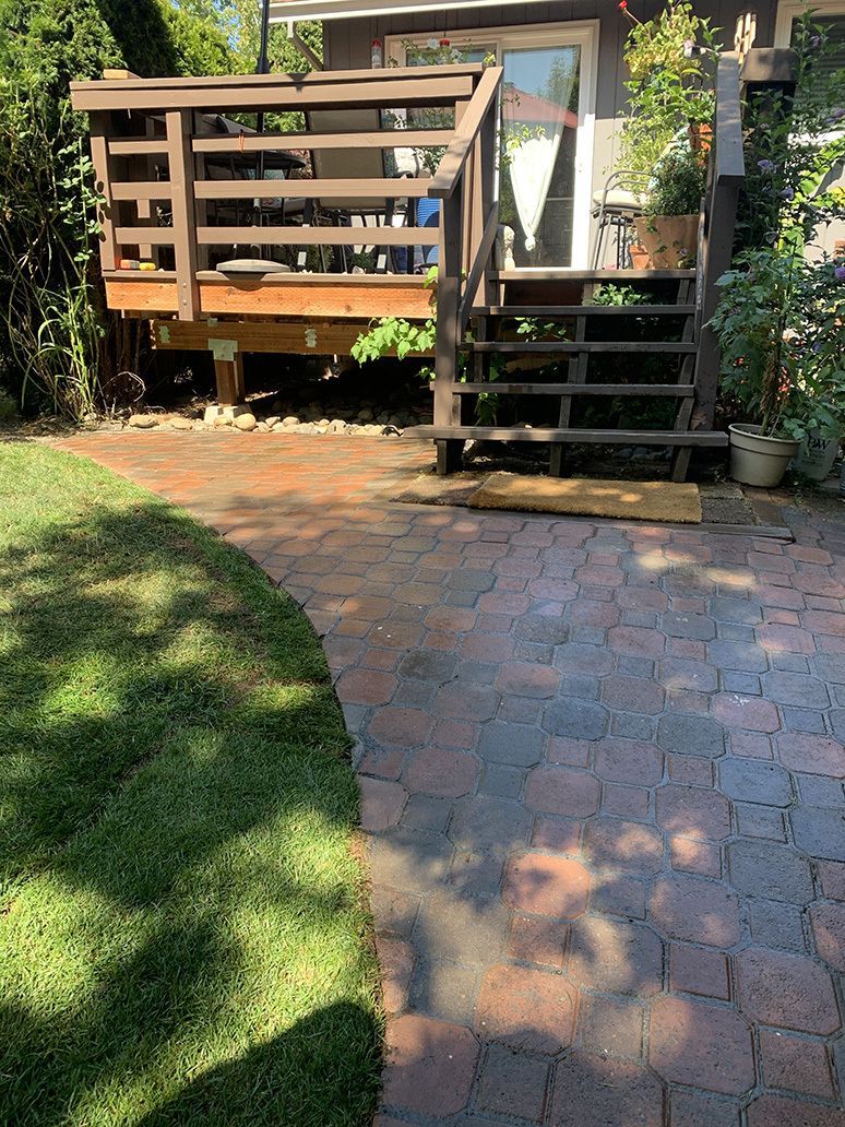 A dog is laying on a brick patio in front of a house.