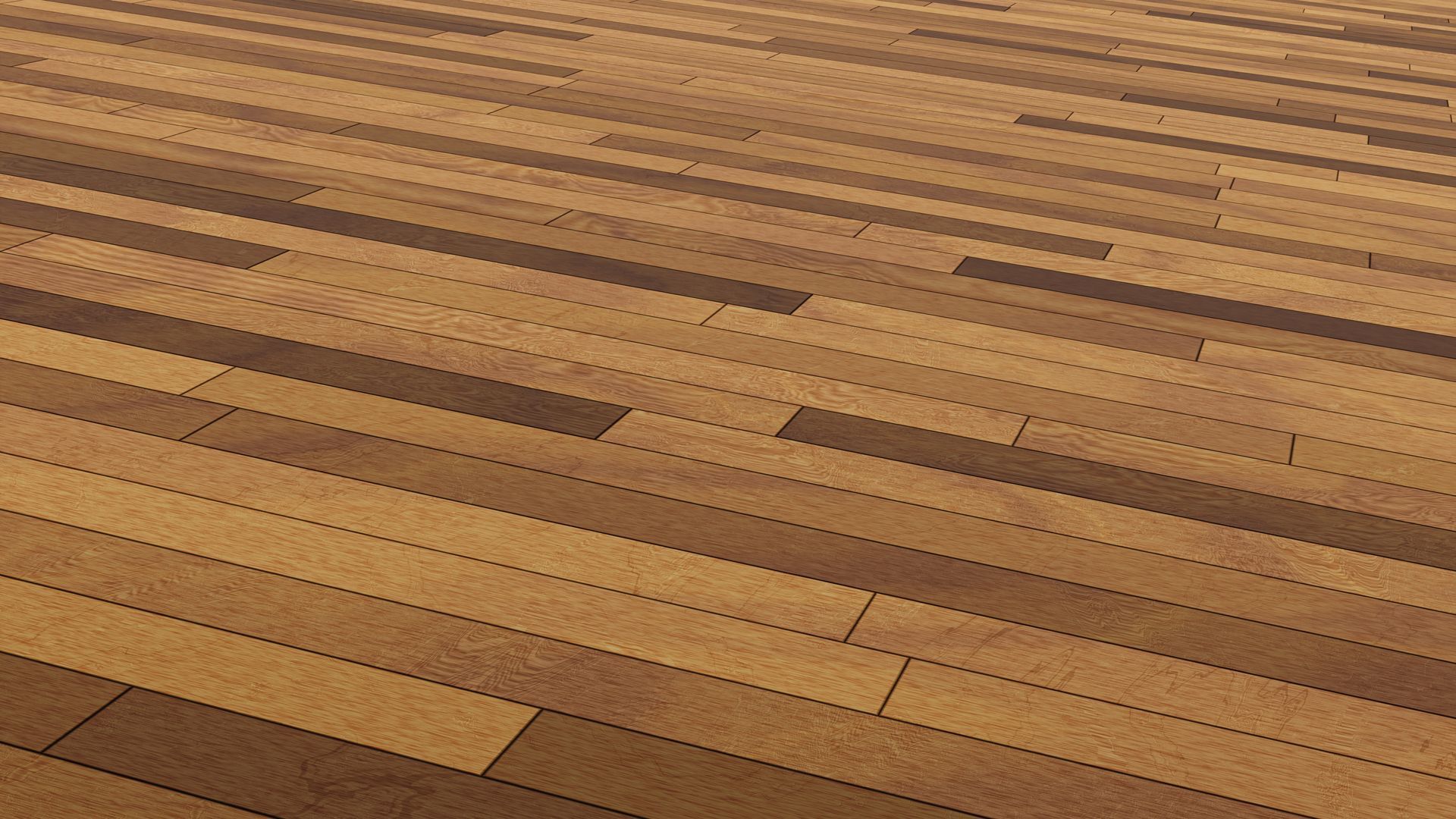 A close-up view of wooden flooring planks with varying shades of brown arranged in a staggered pattern.