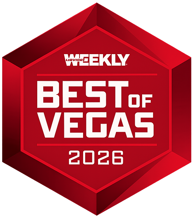 Red hexagon badge reading “Weekly Best of Vegas 2026” in white text