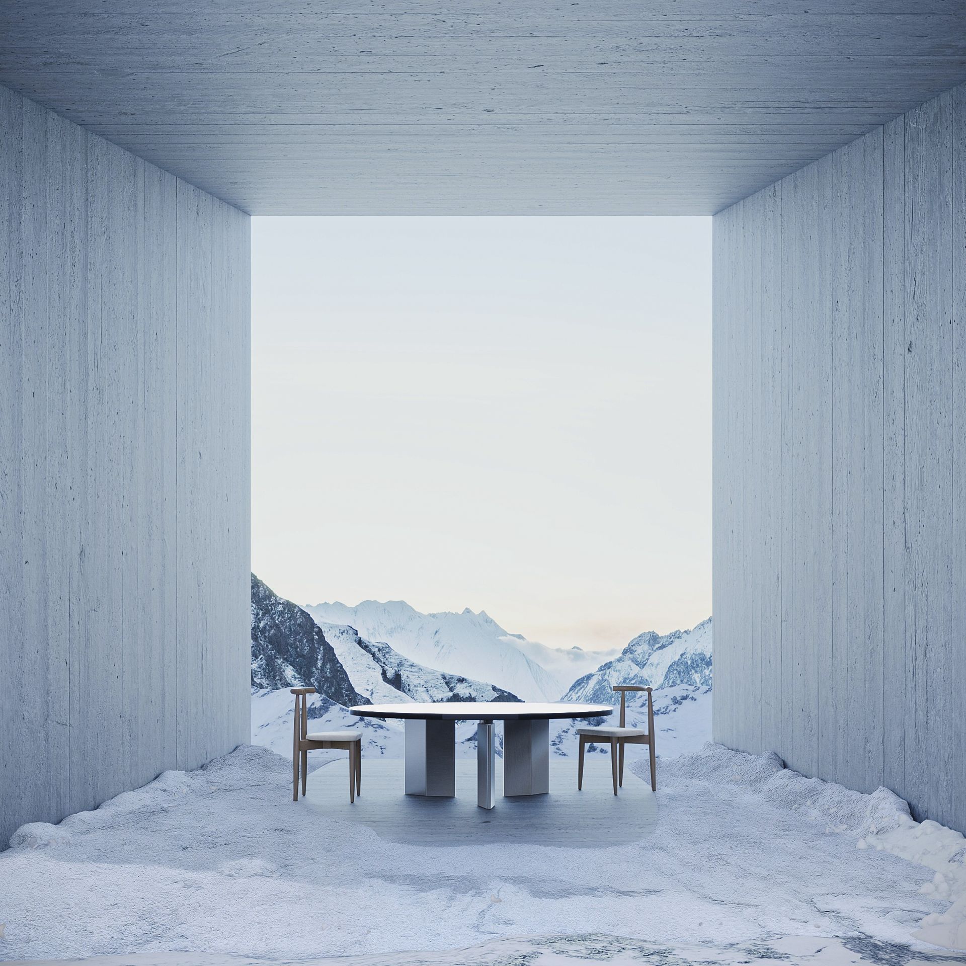 Sala de concreto emoldurando uma paisagem nevada, mesa e cadeiras. Montanhas ao longe, atmosfera serena.