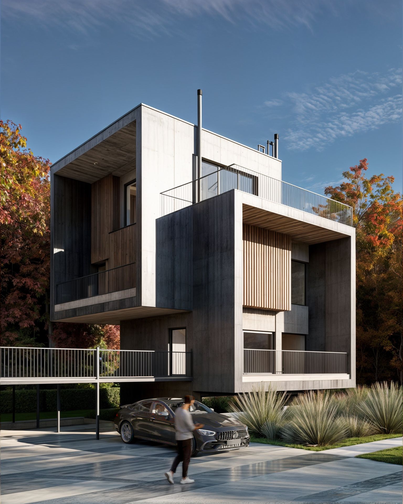 Modern concrete and wood home, car parked in front, person walking, autumn trees.
