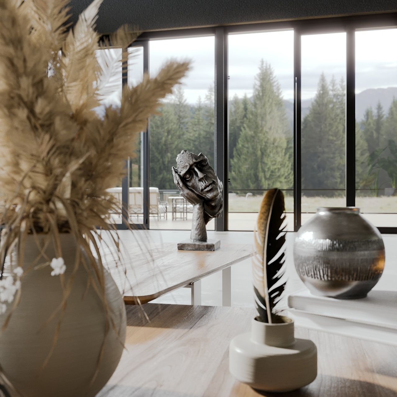 Interior with table, sculptures, and vases. Large windows frame a forest view.