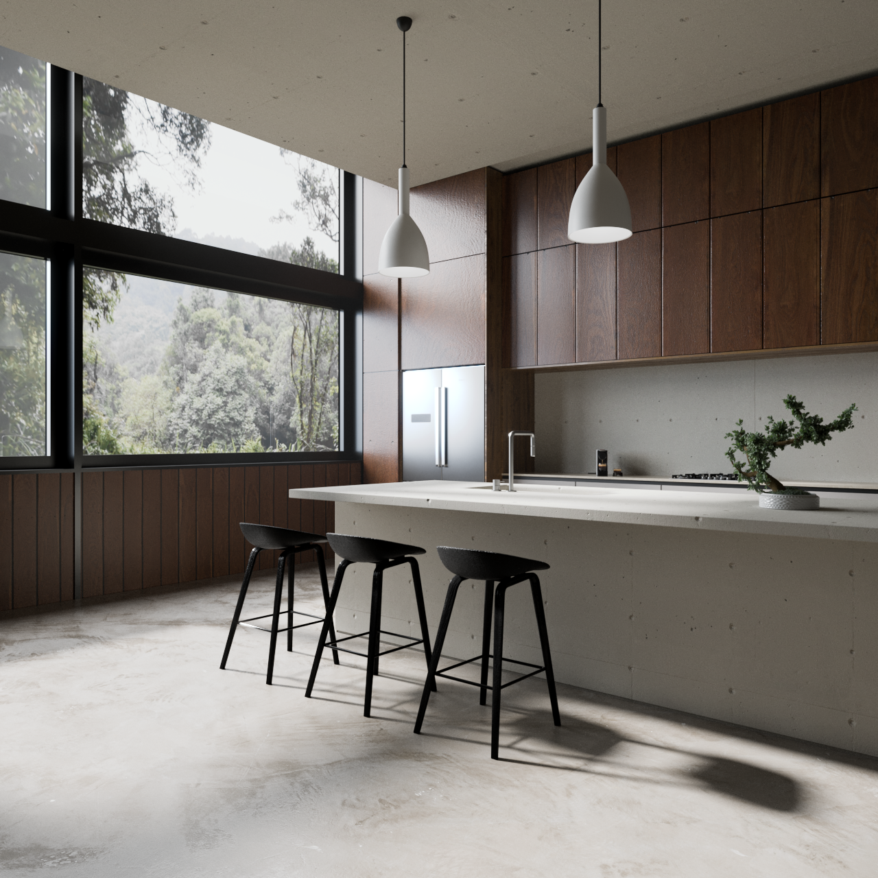Modern kitchen with island, bar stools, large window, and wooden cabinets.