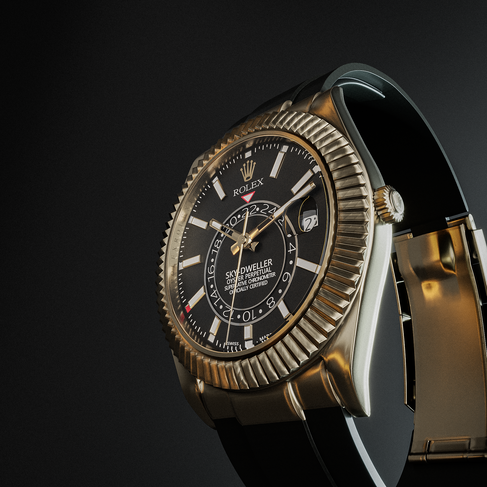 Gold and black wristwatch on a black background, angled view.