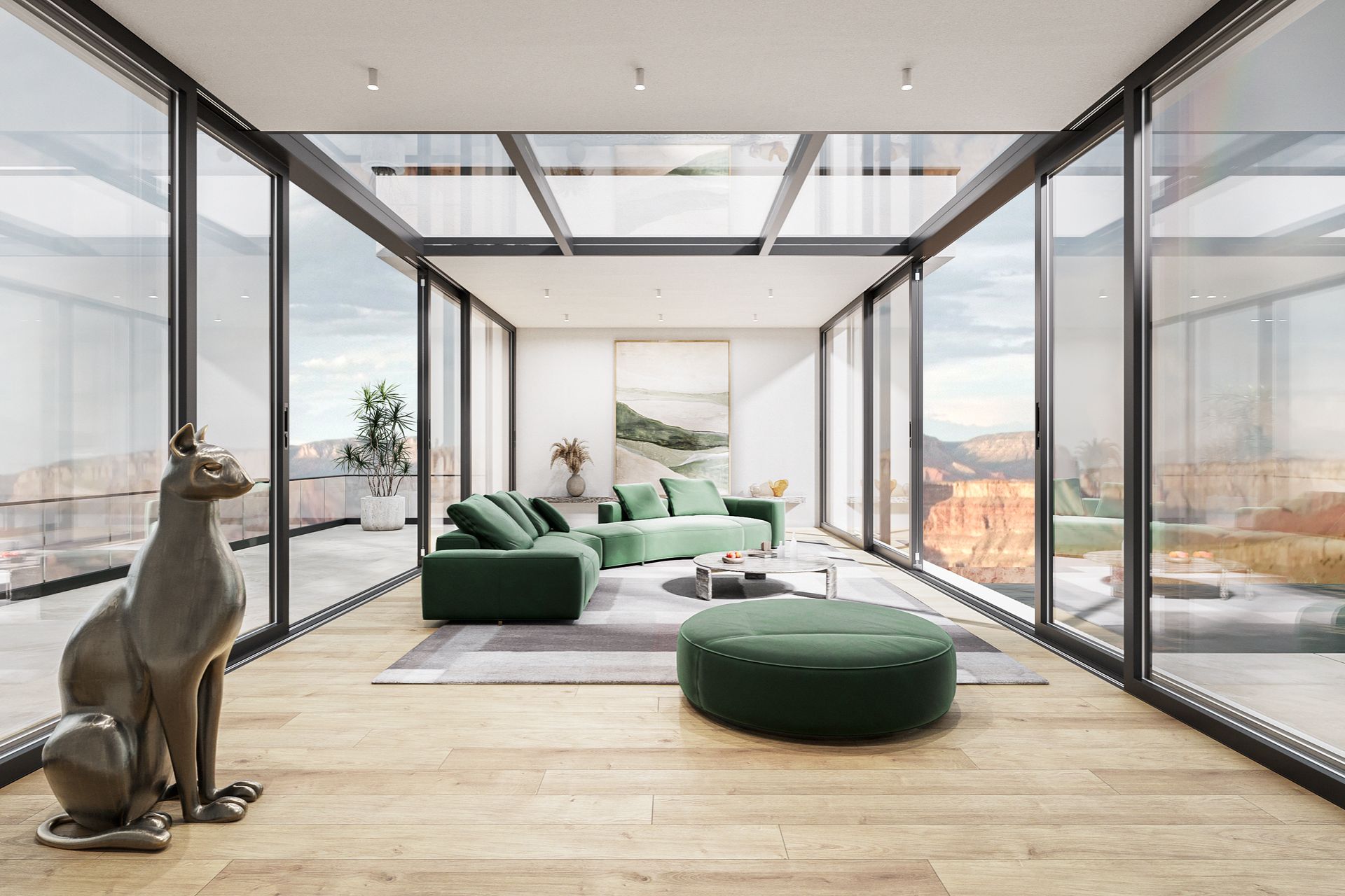 Modern living room with glass walls, green furniture, and a cat sculpture.