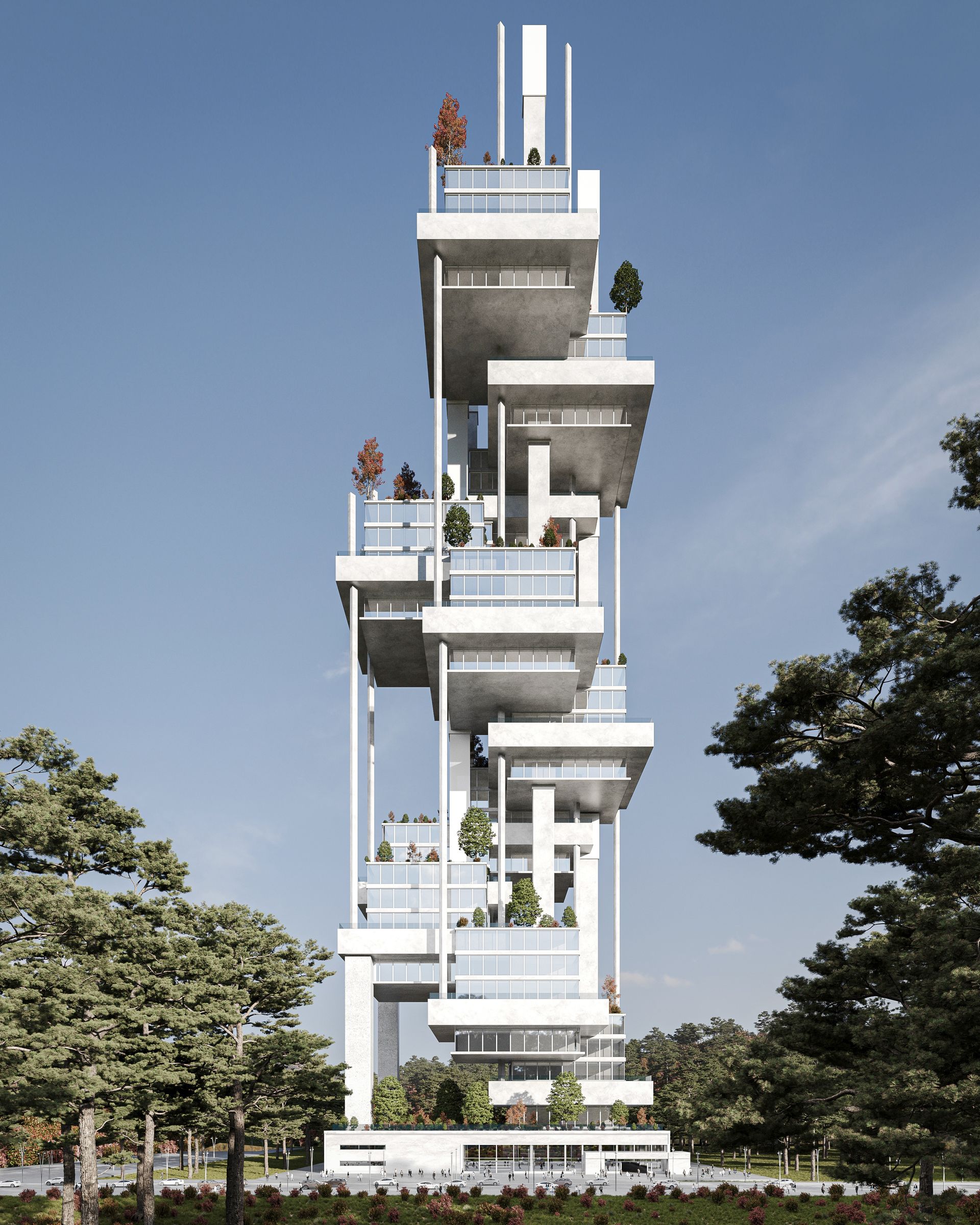 Modern white skyscraper with open balconies, greenery, and a blue sky.