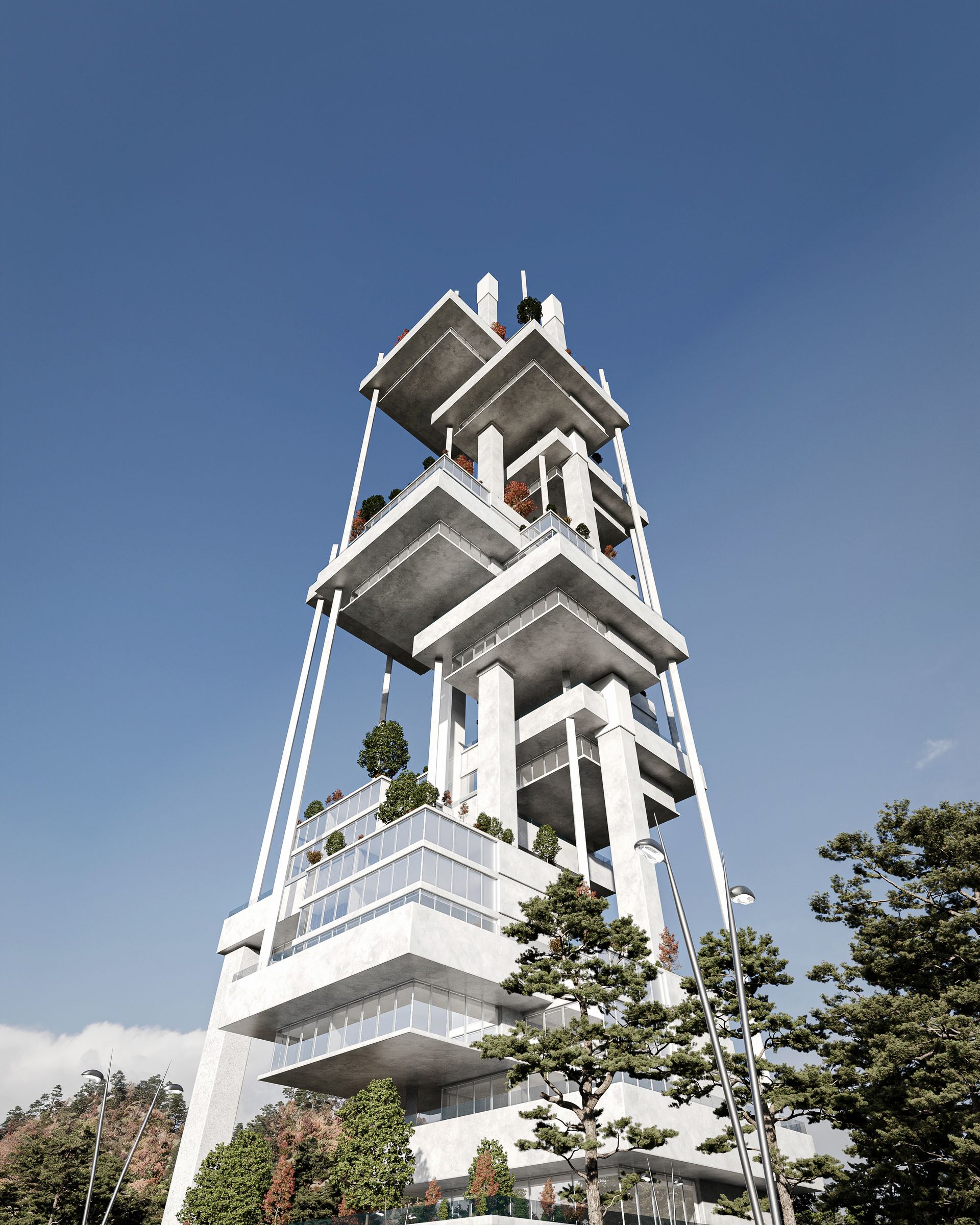 Modern white high-rise with suspended platforms, trees below, and blue sky in the background.