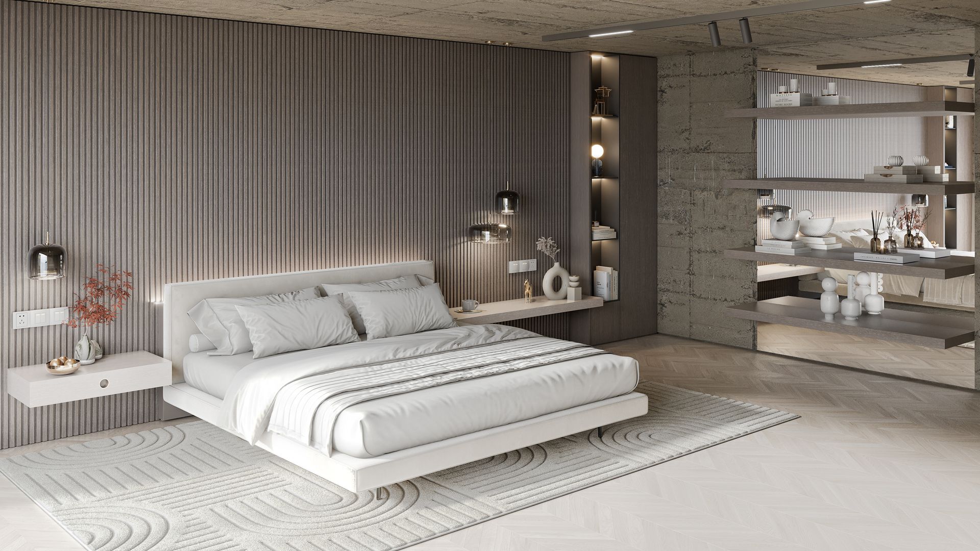 Modern bedroom with gray ribbed wall, white bed, floating bedside tables, and a neutral rug.