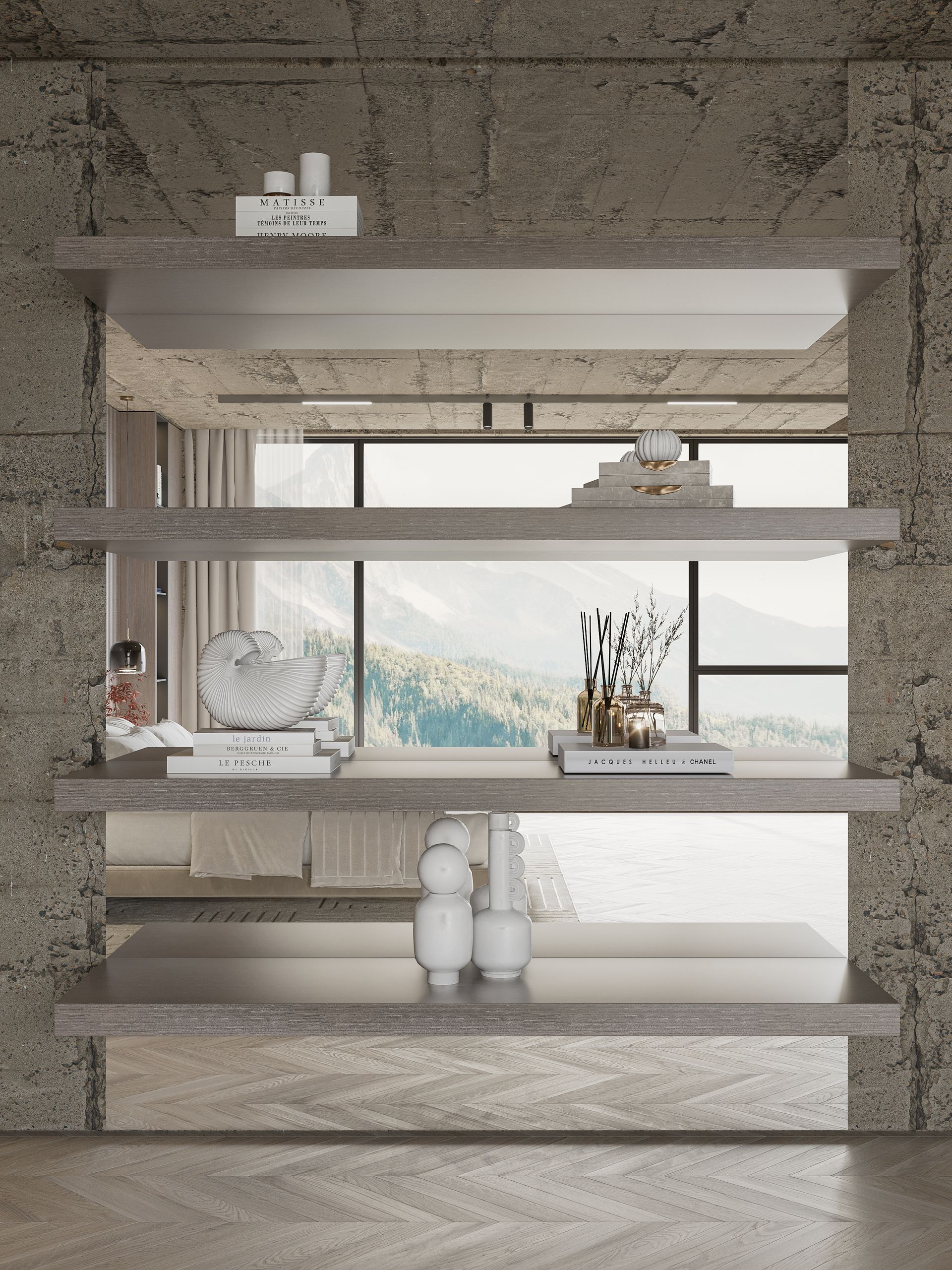 Concrete shelves with decor against a large window overlooking a mountainous landscape.