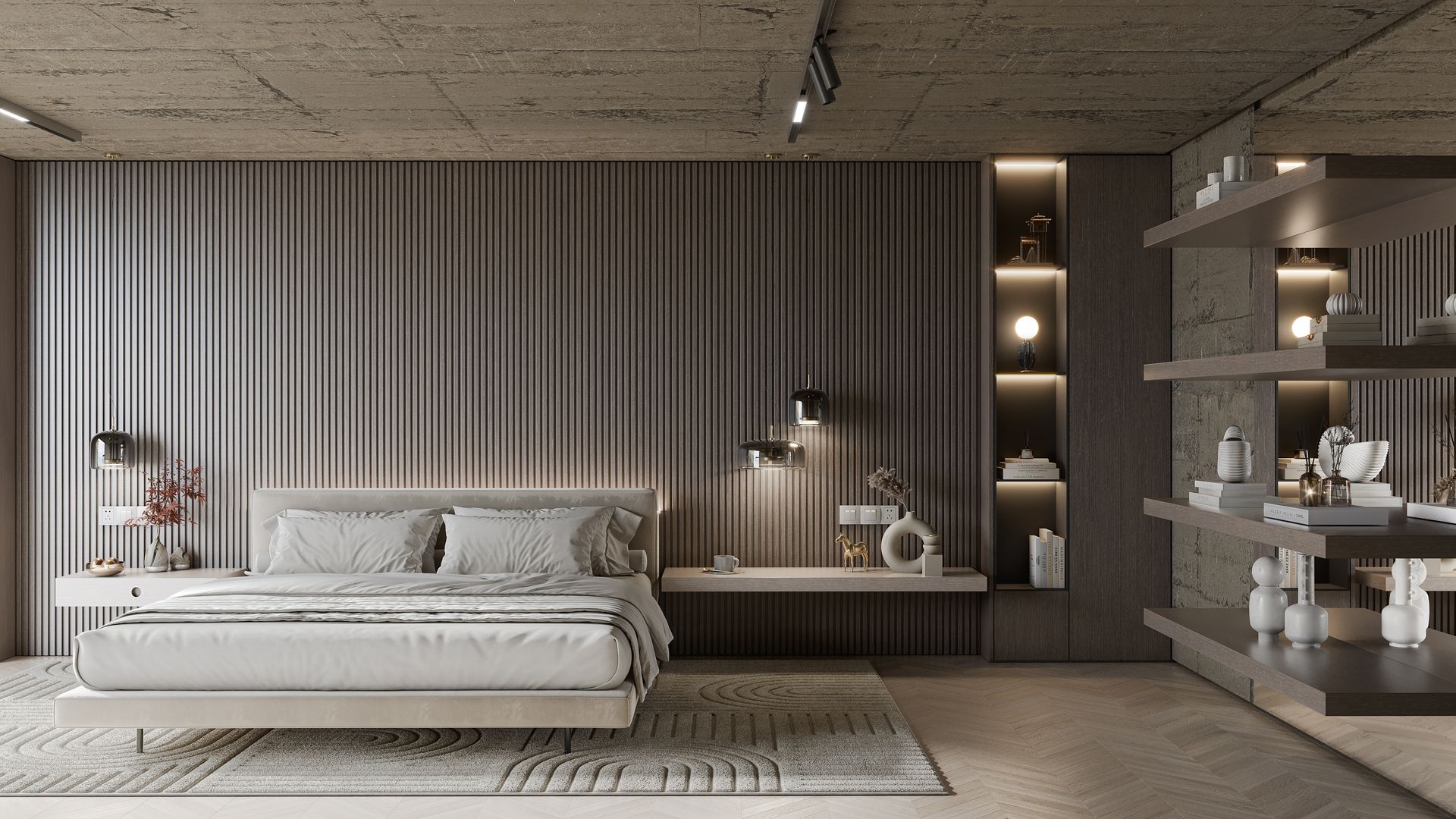 Bedroom with gray wavy wall, floating shelves, bed, rug, and decorative items.