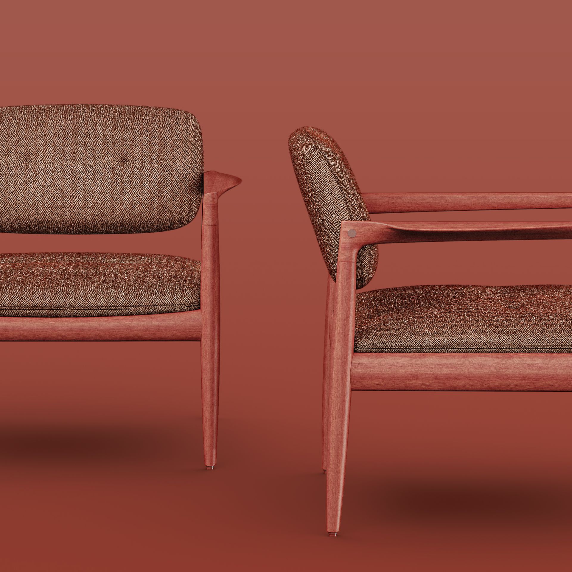 Two Mid-century modern armchairs, wood frames, and patterned upholstery. Red background.