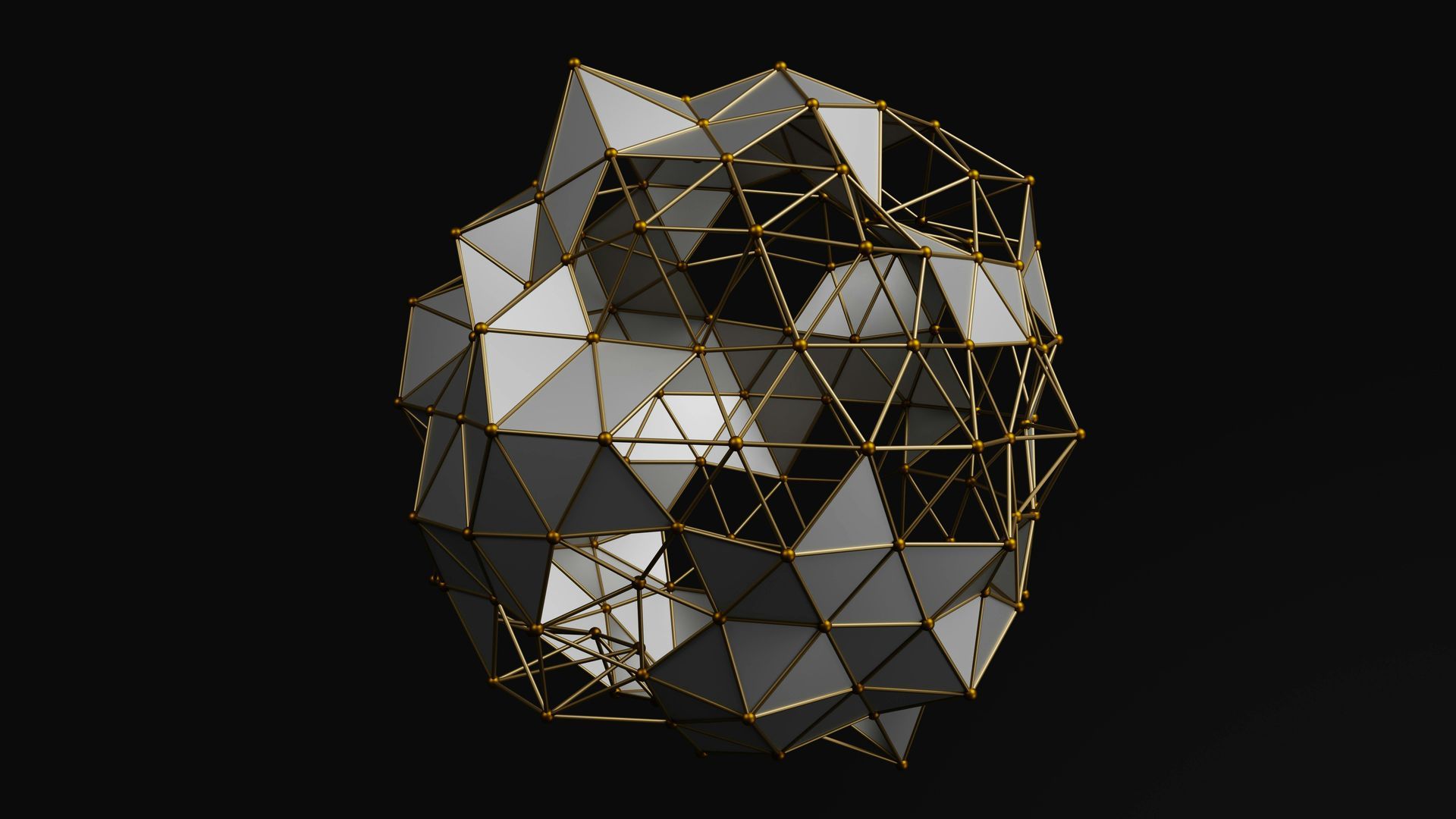 Escultura abstrata geométrica de triângulos interligados, prata e ouro sobre fundo preto.